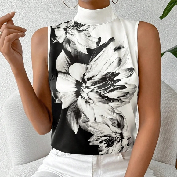 Tops - Stand Collar Asymmetric Floral Print Satin Blouse In Black And White